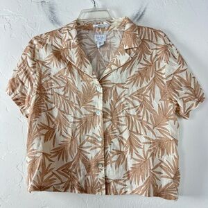 Nicole Miller New York Shirt Button Down Top Collared Palm Leaves Beige Tan Knit